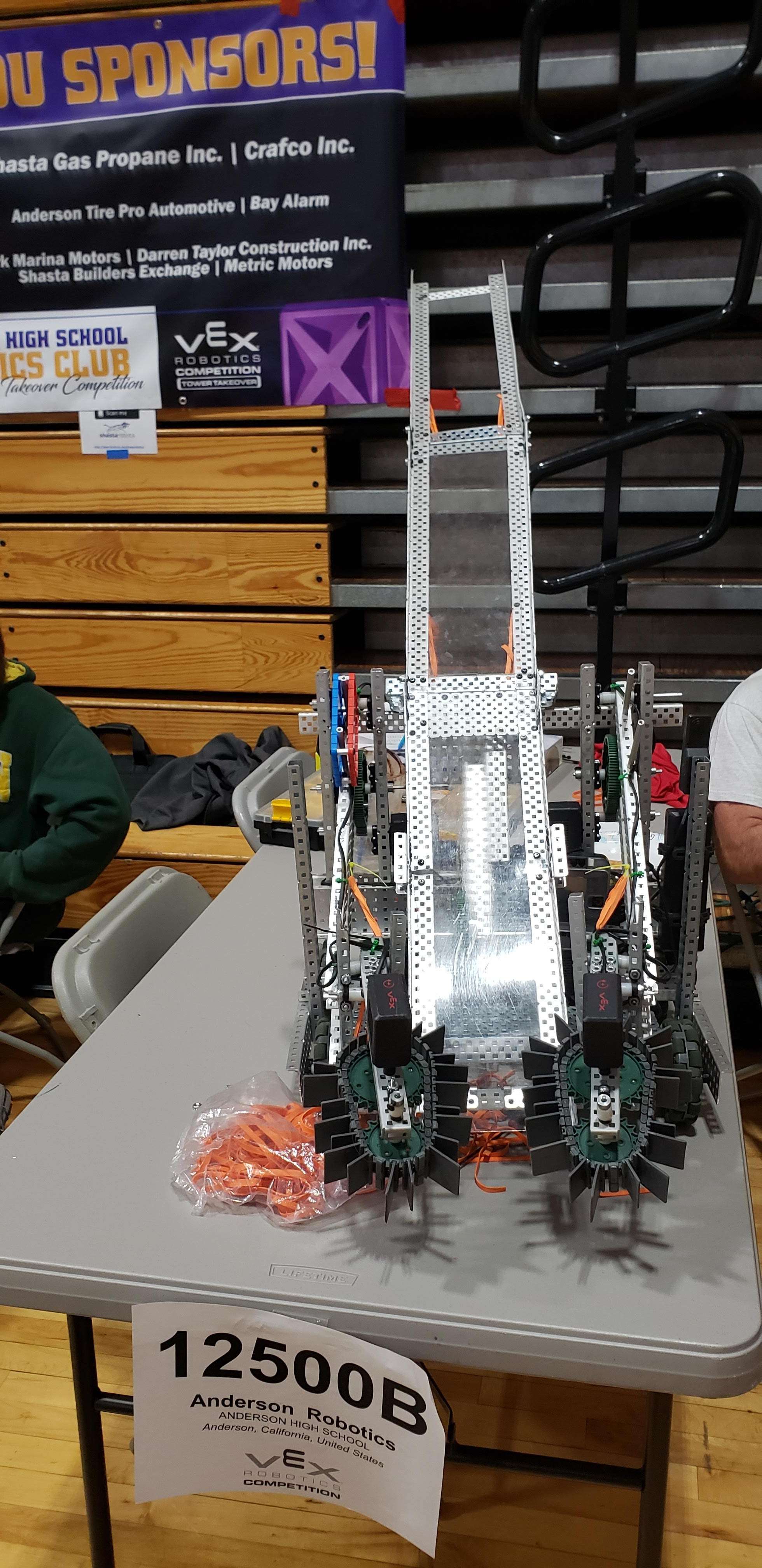 Completed VEX robot on competition table